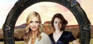 Two women in front of circular stone portal