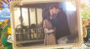 Couple kissing inside ornate framed photograph