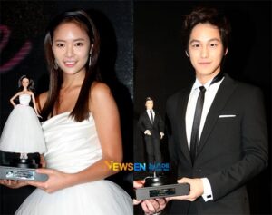 Two formally dressed people holding figurine trophies