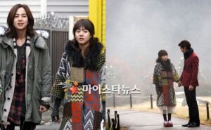 Young couple holding hands in patterned coats