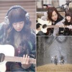 Friends playing guitar and biking in winter