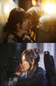 Two women kissing in intimate scenes