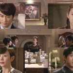 Collage of characters around formal dining table
