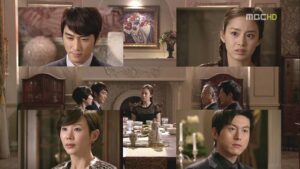 Collage of characters around formal dining table