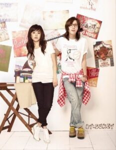 Two young people posing by poster-covered wall