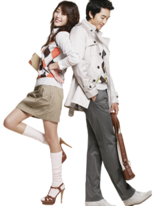 Two fashionable people standing back-to-back