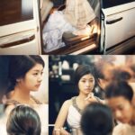 Elegant woman in gown stepping from limousine