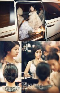 Elegant woman in gown stepping from limousine