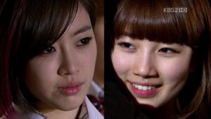 Split close-up of two women with contrasting expressions