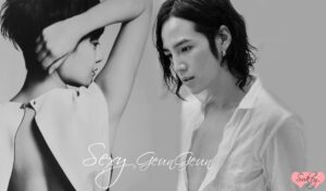 Black-and-white portrait collage of two models