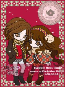 Two fashionable girls in winter outfits illustration