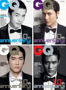 Four GQ magazine covers with men in tuxedos