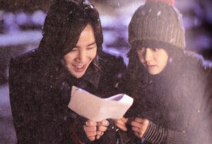 Two people reading a paper together in snow