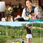 Collage of smiling woman and golfer