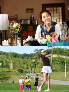 Collage of smiling woman and golfer