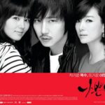 Black-and-white Korean drama poster with five people