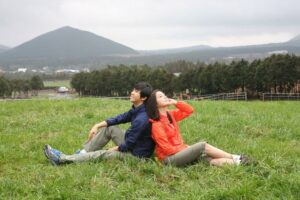 Couple sitting back to back in grassy field