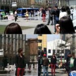 Model photoshoot at urban fountain plaza