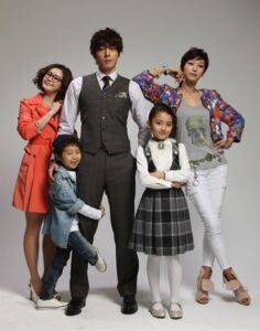 Stylish family of five posing in studio