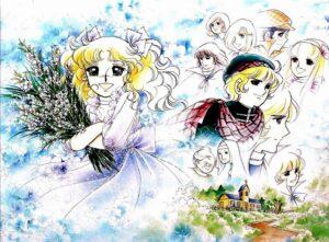 Vintage anime-style collage with girl and bouquet