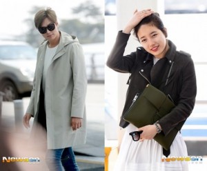 Two fashionable individuals at an airport.