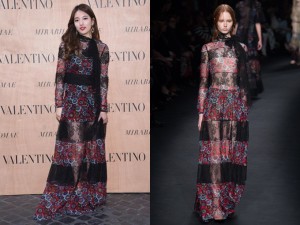 Two models in floral lace dresses.