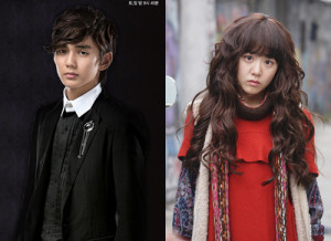 Two individuals in contrasting outfits and hairstyles.