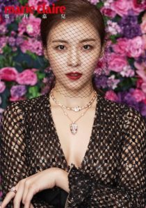 Woman in lace veil with floral background.