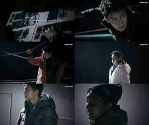 Model showcasing winter collection in dramatic scenes.