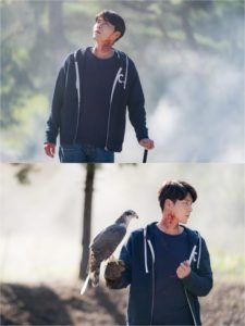 Injured man with a hawk on his arm.