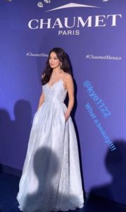 Woman in elegant dress at event.