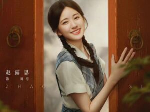 Smiling girl peeking through a wooden door.