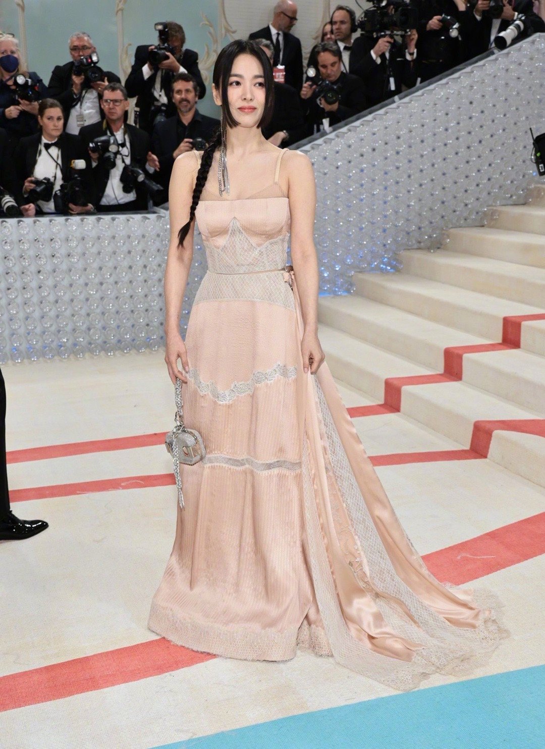 Song Hye Kyo Attends 2023 Met Gala in Custom Fendi Blush Gown with Questionable Braid and Side Bangs Hairstyle | KWriter