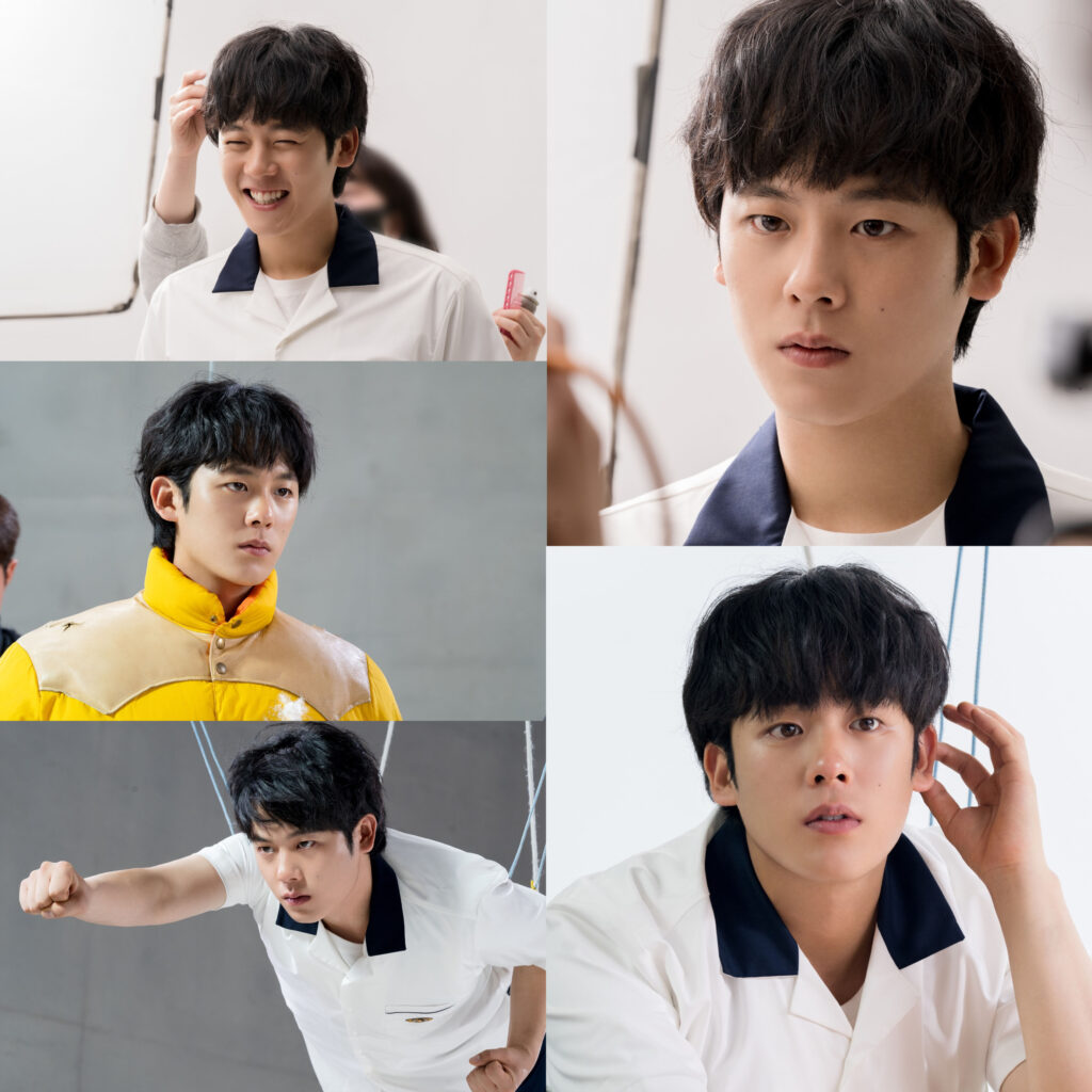 Five images of a young man in various expressions.