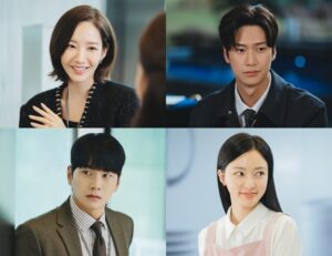 Four people in a conversation, smiling.