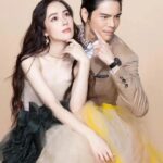 Couple posing elegantly in fashionable attire.