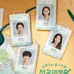 Four ID cards for gynecologists on a desk.