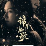 Couple in snow with Chinese calligraphy text.