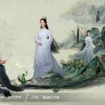 Fantasy characters in traditional attire on landscape.