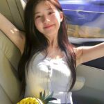 Woman relaxing in car with pineapple bag.