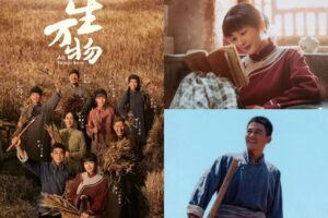 Group in wheat field and reading scenes.