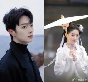 Two people in contrasting modern and historical attire.