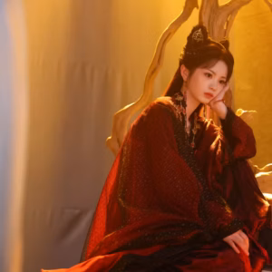 Woman in elegant traditional Asian attire seated.