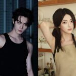 Man in black tank top, woman adjusting hair.