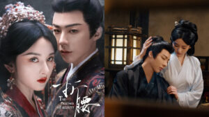 Period drama couple in traditional attire.