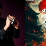 Person holding camera, dramatic red poster background.