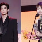 Two people holding awards on stage